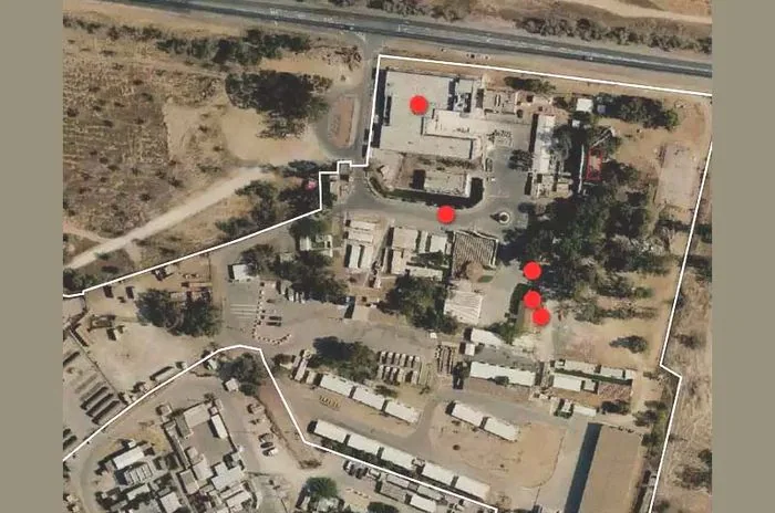 A drone's view of events in the Battle of Camp Urim, October 7, 2023. The red dots represent kill sites.